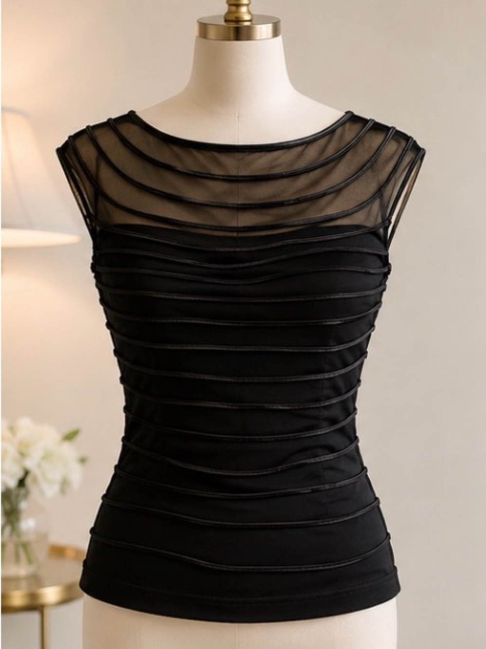 Vintage Tadashi Black Sheer Mesh Ruched Top – Size M